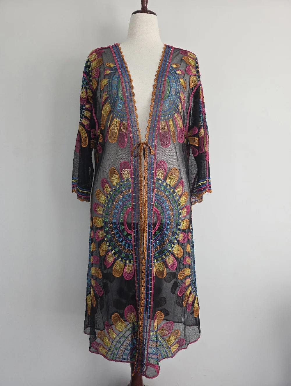 Rachel Zoe Black Sheer Multicolor Embroidered Kimono Cover-Up Size OS - Picture 1 of 8